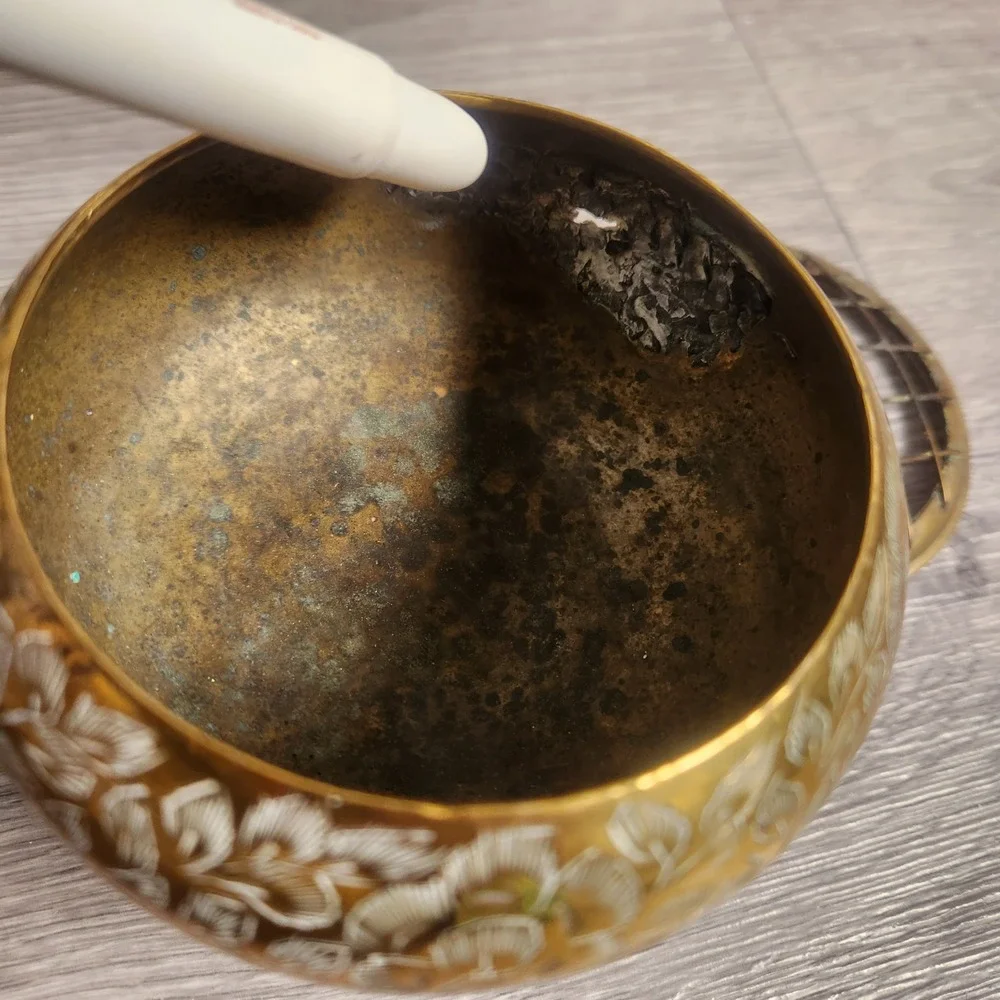 Vintage Etched Brass Rose Bowl Set with‎ Engraved Flowers Frog Mesh Insense Bowl